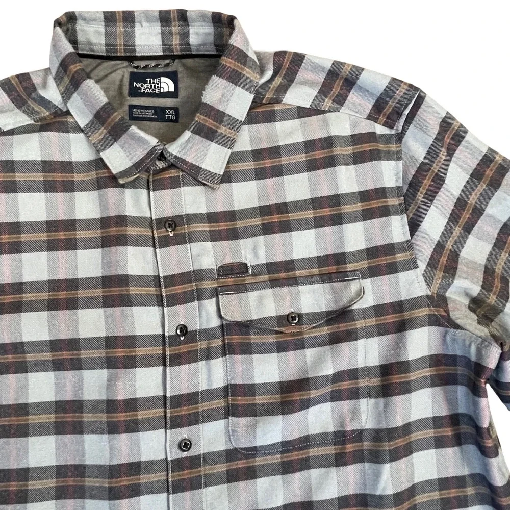 The North Face Mens XXL Blue Plaid Flannel Long Sleeve Button Down Shirt Logo